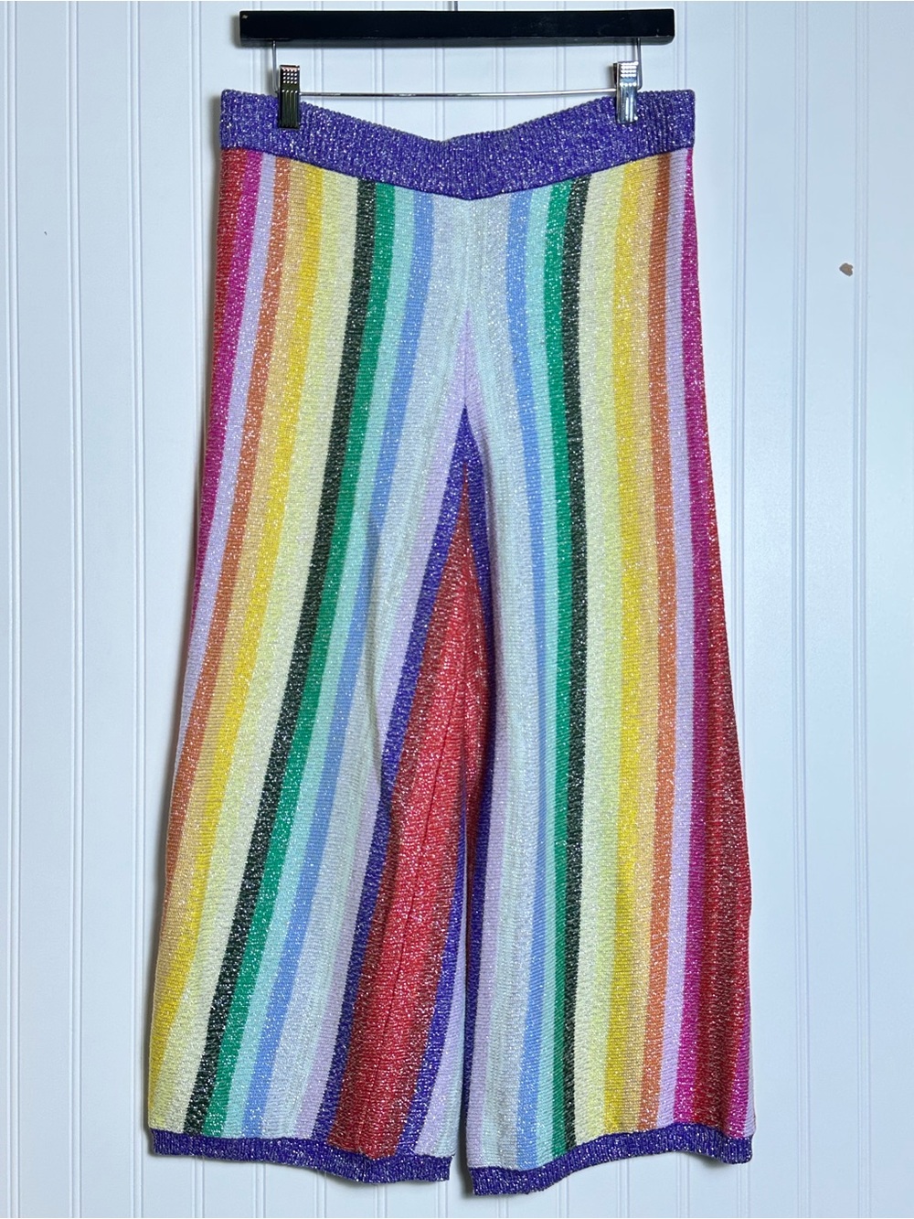 Lovers + Friends Rainbow Striped Wide-Leg Knit Pants Metalic Cropped - Picture 3 of 7